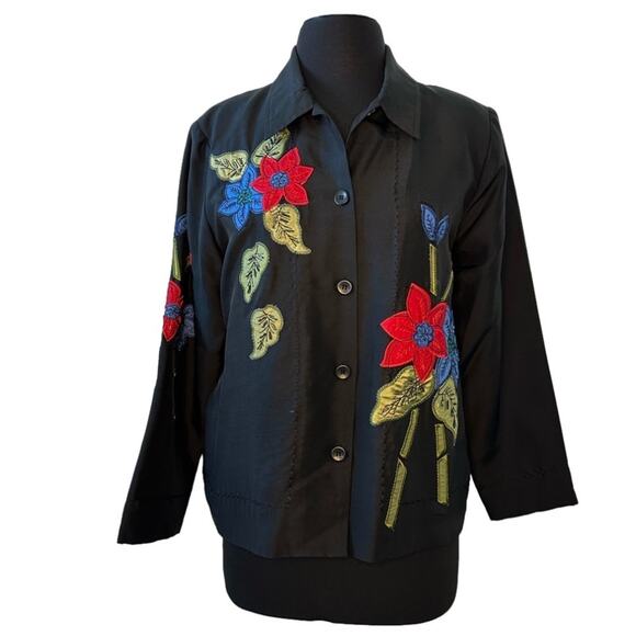 Graff Vintage Silk Embroidered Beaded Floral Button Up Jacket Top Black Size M - Picture 1 of 13